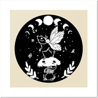 Mouse in the night forest moon phase fungi plants stars Posters and Art